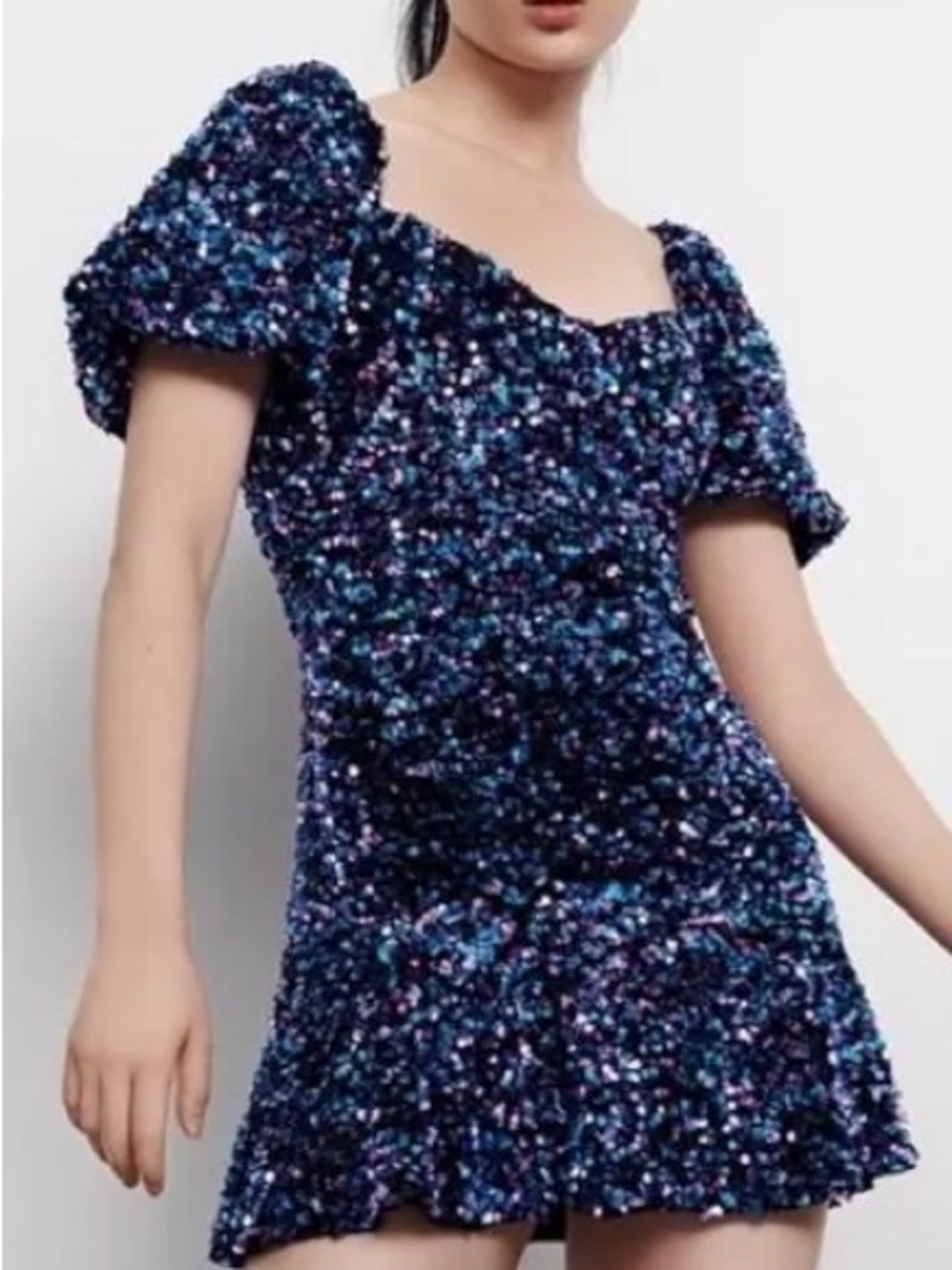 Zara Navy Purple Sequin Puff-Sleeve Mini Dress